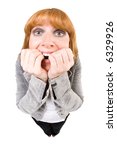 Small photo of Woman with fear having both hands in her mouth. Overstated Fisheye-effect. Isolated on white.