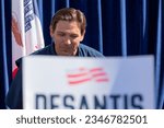 Small photo of Des Moines, Iowa, USA - August 12, 2023: Florida Republican Governor and presidential candidate Ron DeSantis greets supporters at the Iowa State Fair fair side chats in Des Moines, Iowa.