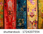 Small photo of Indian patchwork fabric with traditional Indian patterns close up. Jasialmer, Radjasthan, India Exotic Patchwork Quilt
