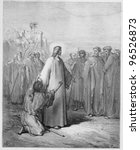 Small photo of Jesus healing the demoniac boy - Picture from The Holy Scriptures, Old and New Testaments books collection published in 1885, Stuttgart-Germany. Drawings by Gustave Dore.