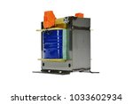 Larger safety transformer for 400 V to 230 V electric current transformation, white background, side view.