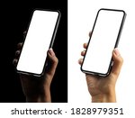 Smartphone in woman hand, modern frameless design. Black and white background - template for night and day light mode of applications. Clipping mask included
