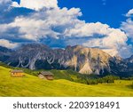 Dolomites, Panoramic View of  Dolomite Mountains, Val Gardena, South Tyrol, Italy