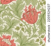 Floral seamless pattern with big pink poppy with green foliage on light background. Vector illustration.