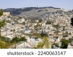 Small photo of 10 Nov 2022 The Mount of Olives at Jerusalem Israel viewed across the Valley of Hinnom from the traditional site of Caiaphas' Palace where Jesus was denied by Peter his disciple