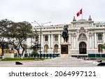 The Legislative Palace, the seat of the Congress of Peru with a statue of Simon Bolivar in Lima