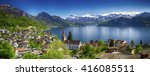 Panorama image of village Weggis, lake Lucerne (Vierwaldstatersee), Pilatus mountain and Swiss Alps in the background near famous Lucerne (Luzern) city, Switzerland