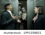 Terrified office managers screaming in elevator while zombies frightening them