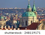 St Nicholas Church dome above orange roof tops of Mala Strana, Prague, Czech Republic