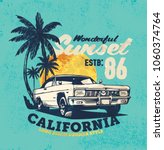 vintage car. sunset beach.... | Shutterstock .eps vector #1060374764
