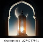 Small photo of Ornamental Arabic lantern with burning candle glowing at night mosque background. Festive greeting card, invitation for Muslim holy month Ramadan Kareem.