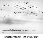 American fighter fly in formation over the USS MISSOURI during surrender ceremonies. Tokyo Bay, Japan. Sept. 2, 1945. World War 2.