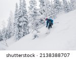 Skier moving in snow powder in forest on a steep slope of  ski resort. Freeride, winter sports outdoor