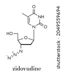 Zidovudine (azidothymidine, AZT) HIV drug molecule. Skeletal formula.