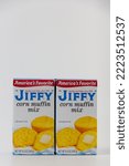 Small photo of RIVER FALLS, WI, USA - NOVEMBER 7, 2022: Jiffy Corn Muffin Mix and trademark logo.