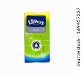 Small photo of HELSINGBORG, SWEDEN - DECEMBER 29, 2013: A pack of Kleenex pocket tissues. Kleenex is a brand name for a variety of paper-based products such as the facial pocket tissues shown here.