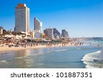 Panoramic view of the  Tel-Aviv public beach on Mediterranean sea. Israel