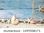 Small photo of Maritime souvenir from holidays on the beach: Seashell background border on rustic blue wood. View on different starships and seashells with white sand and fishnet.