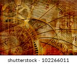 Grungy design with mysterious time machines, clock and old letters composition in warm tone