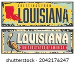 Louisiana signs set with Louisiana state map shape and pelican bird. Retro USA signs collection, vintage greeting cards or souvenirs template. Vector illustration.