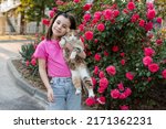 Cute kid girl 6-7 year old holding cat posing over blooming rose flower bushes in city street outdoor. Looking at camera. Childhood. Summer season. Friendship. 