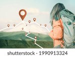 Small photo of Backpacker woman goes to the mountains. The waypoints indicate the path.