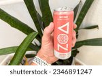 Small photo of Los Angeles, CA - July 29, 2023: Zoa energy drink, white peach flavor. Company founded by Dwayne Johnson and Dave Rienzi.