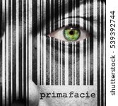 Small photo of Barcode with the word Prima Facie as concept superimposed on a man's face