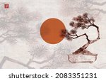 bonsai pine tree and big red... | Shutterstock .eps vector #2083351231