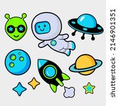 comic style vector badges set with cute  astronaut, planet, alien, rocket