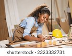 Small photo of Carpenter Woman Woodworking In Workshop Designer Building Wood Home. Architect Women Smart Work. Happy Joiner Construction Engineer With Design Floor Plan.