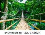 Bamboo pedestrian suspension bridge over river in tropical forest, Philippines