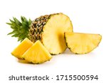 pineapple juicy yellow fruit with slices and leaf isolated on white background