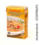 Small photo of TWINSBURG, OH, USA - FEBRUARY 7, 2015: A package of Trader Joe's Chicken Noodle Soup with Veggies. Trader Joe's is headquartered in Monrovia, California, and has stores in over 39 states.