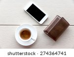 Espresso Coffee, Lie on wooden floor smartphone, coffee and wallet