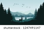 Mountain Landscape With Deer In ...