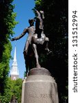 Small photo of Statue of Paul Revere at Freedom Trail in front of the Old North Church, North End, James Rego Square, Hanover Street, Boston, MA