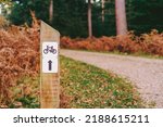 Small photo of Signpost biking trails with arrow driving direction of the road. Wooden sign in the autumn forest with empty path. Selective focus, copy space.