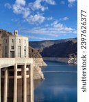 Small photo of Photo of the Hoover Dam, a concrete arch gravity dam in the Black Canyon of the Colorado River in Boulder City, Clark County on the border between Nevada and Arizona, United States of America USA.