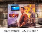 Small photo of Bangkok, Thailand -March 8, 2023: Beautiful standee of An American Super Hero from DC Comic Shazam! 2 Fury of the Gods Play By Zachary Levi Displays at the cinema to promote the movie