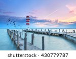 Lighthouse at sunset in Podersdorf am See, lake Neusiedler See, Burgenland, Austria                                