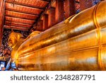 Small photo of BANGKOK, THAILAND - FEBRUARY 5, 2023 Colorful Golden Long Reclining Buddha Front Door Wat Phra Chetuphon Wat Pho Po Temple Complex Bangkok Thailand. Temple built in 1600s. Reclining Buddha built 1832