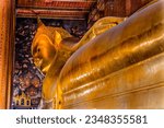 Small photo of BANGKOK, THAILAND - FEBRUARY 5, 2023 Colorful Golden Long Reclining Buddha Front Wat Phra Chetuphon Wat Pho Po Temple Complex Bangkok Thailand. Temple built in 1600s. Reclining Buddha built in 1832.