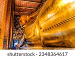 Small photo of BANGKOK, THAILAND - FEBRUARY 5, 2023 Colorful Reclining Buddha Front Door Wat Phra Chetuphon Wat Pho Po Temple Complex Bangkok Thailand. Temple built in 1600s. Reclining Buddha built in 1832.