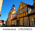 Classical old bell tower landmark of the old city Faaborg Funnen Denmark 