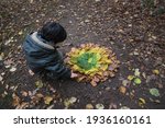 Child creating land art with multicolored autumn leaves in the forest. Creative children activity. Forest school.