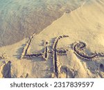 Small photo of Life washed away. A wave is going to wash away the word life written on the sand of a beach. Metaphor of the end of life or its finitude.