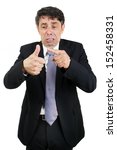 Small photo of Tearful business man pointing to his injured thumb with a woeful piteous expression isolated on white